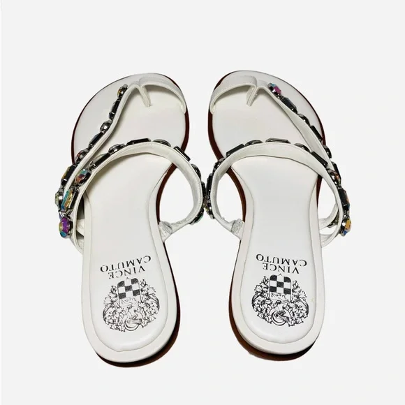 Vince Camuto Bejeweled Sandals Ambridil White Leathers shoes Toe Loop - Picture 8 of 10